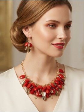 TWO TONE BEAD AND LEAF DESIGN NECKLACE WITH EARRING SET